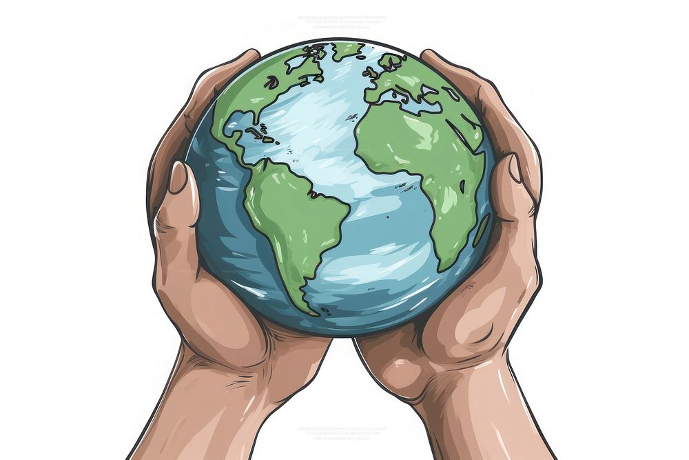 Human hand holding Earth cartoon sphere planet.