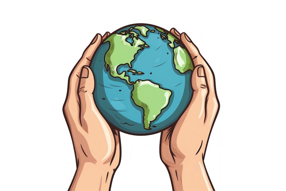 Human hand holding Earth cartoon planet globe.
