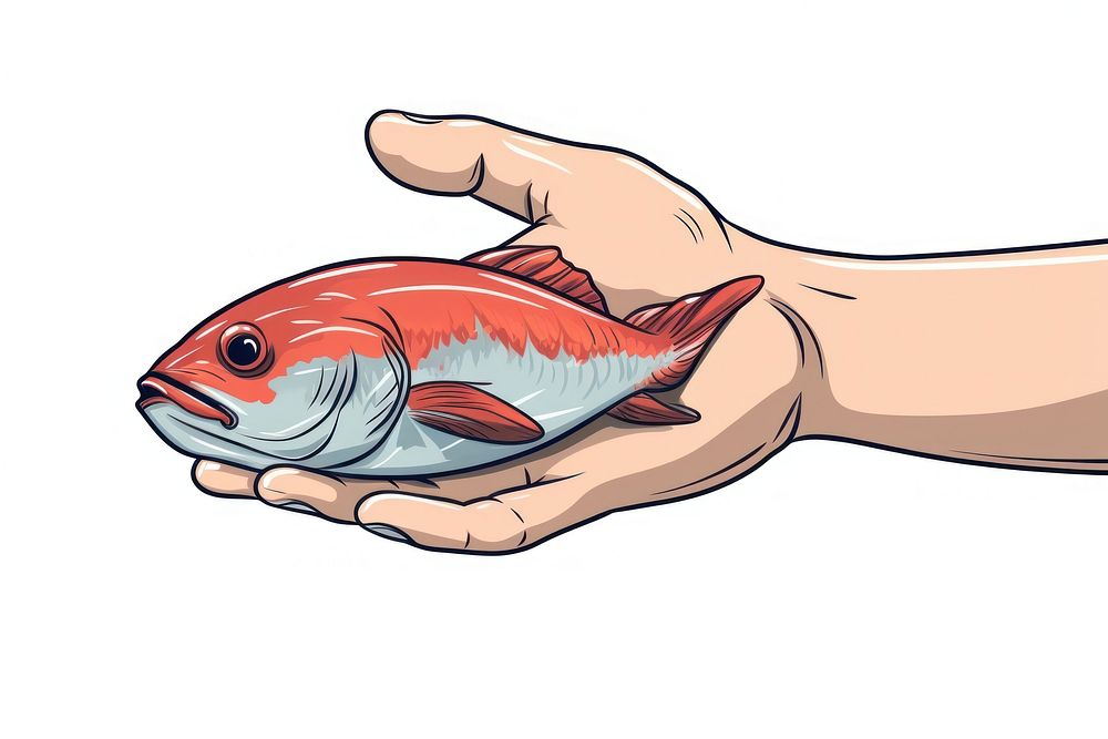 Human hand holding Fish fish cartoon seafood.