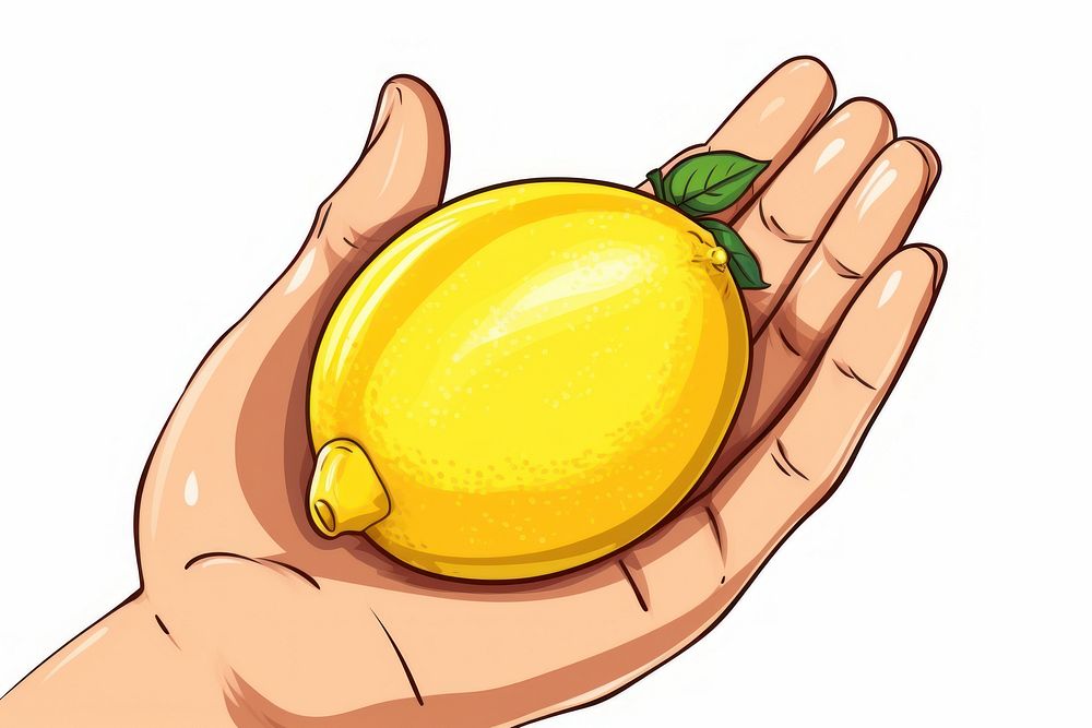 Human hand holding Lemon lemon cartoon fruit.