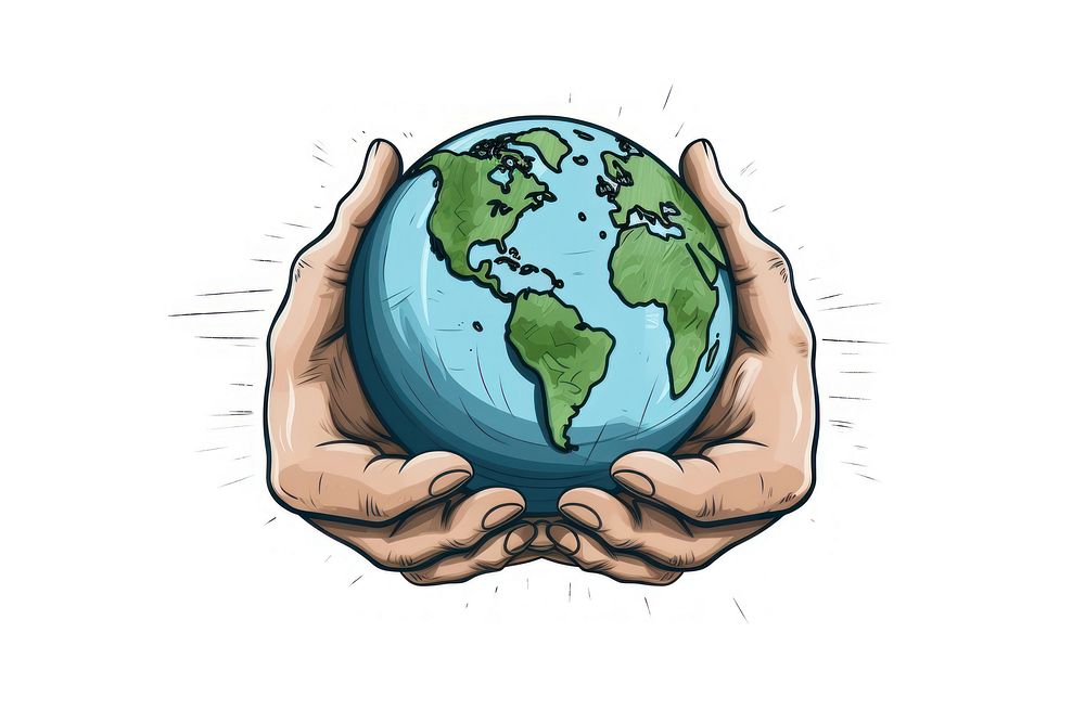 Human hand holding Map cartoon planet sphere.