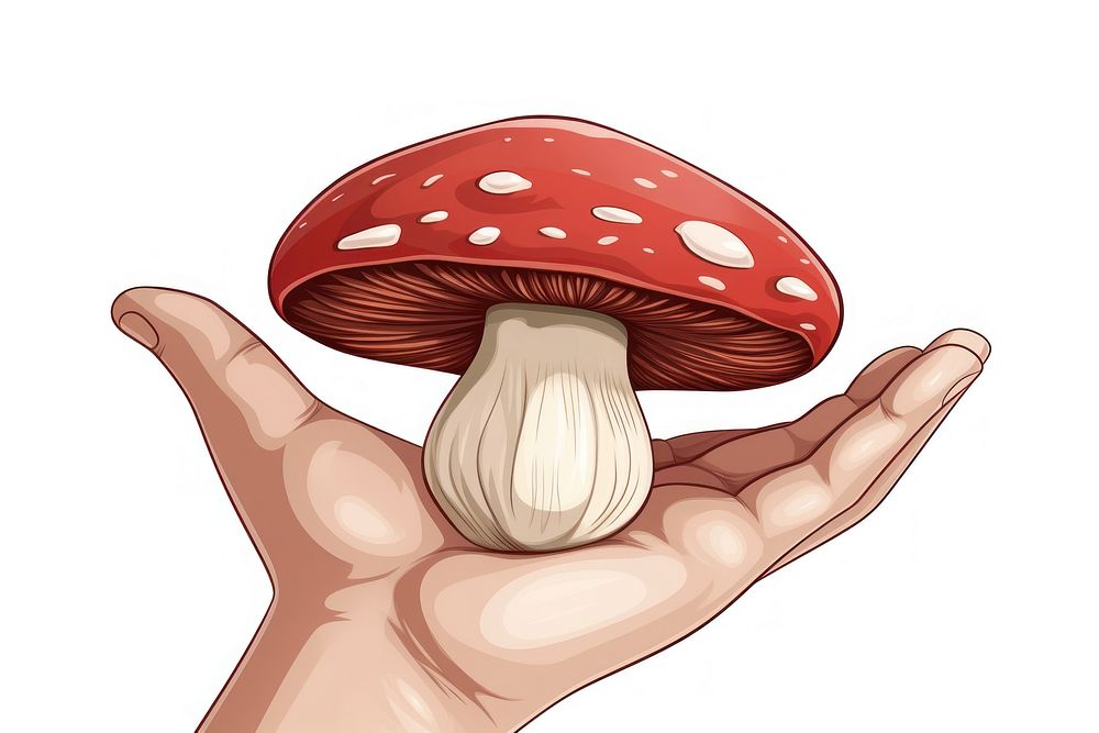 Human hand holding Mushroom mushroom cartoon fungus.