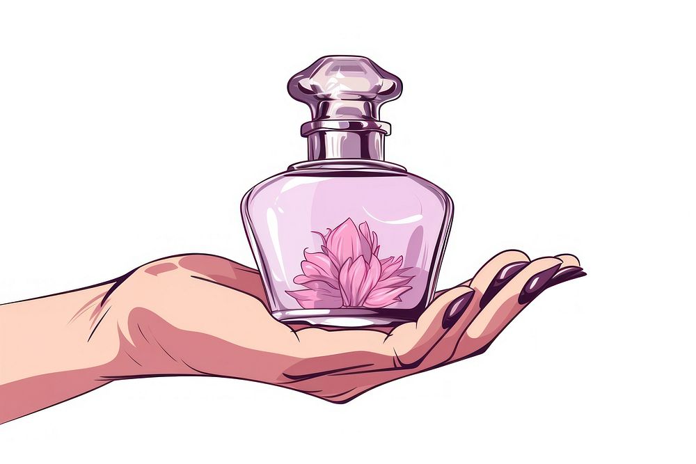 Human hand holding Perfume perfume cartoon bottle.