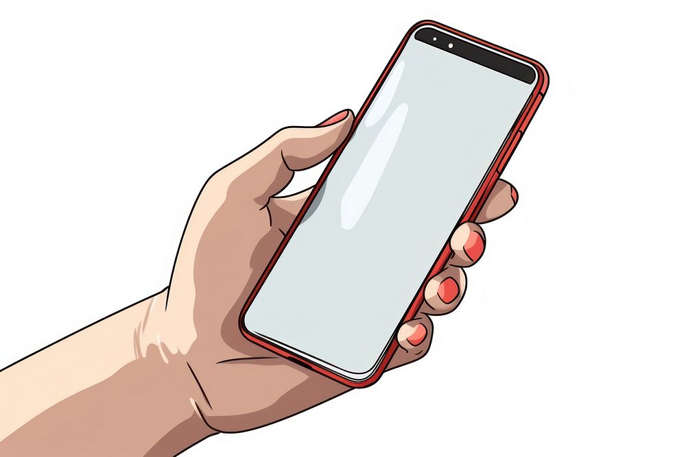 Human hand holding Phone cartoon phone white background.