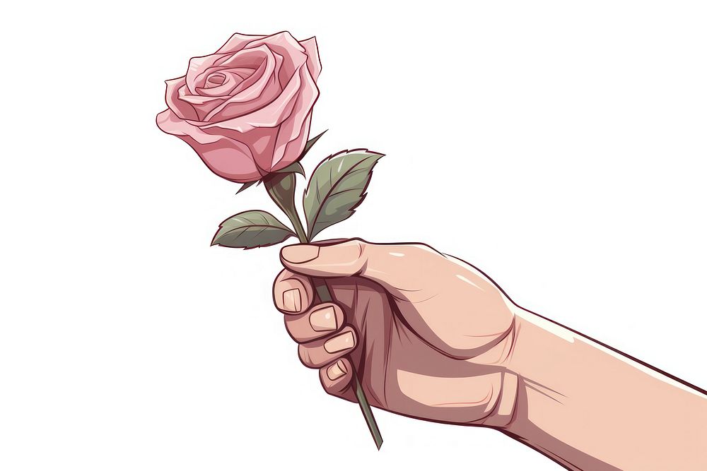 Human hand holding Rose rose cartoon drawing.
