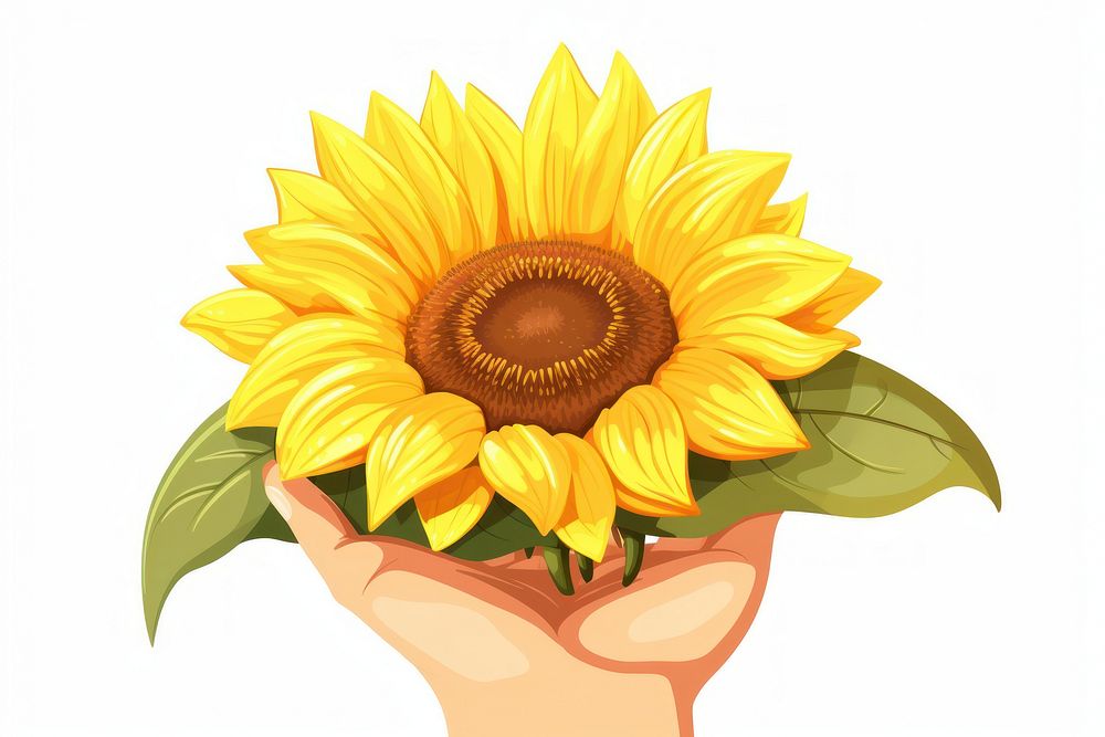 Human hand holding Sunflower sunflower cartoon plant.