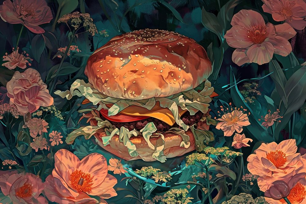 Hamburger and flowers art painting blossom.