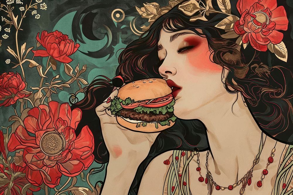 Hamburger and flowers art graphics female.