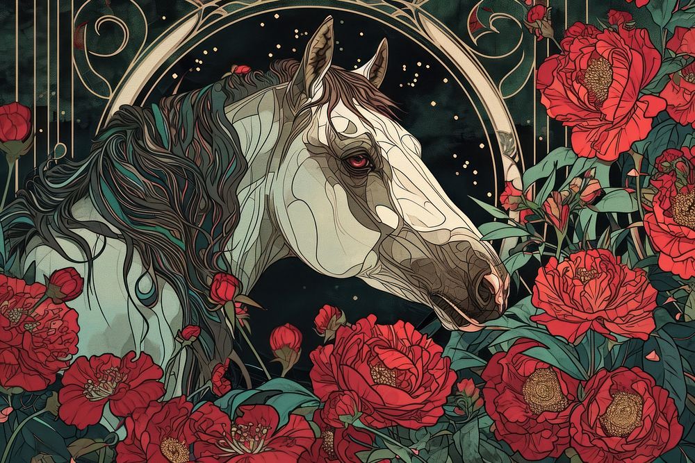 Horse and flowers horse art illustrated.
