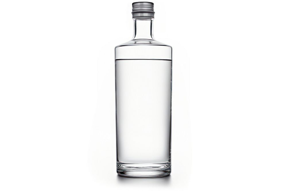 Vodka bottle glass drink white background.
