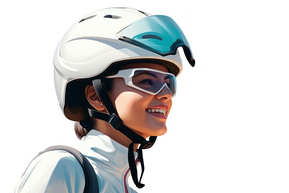 Woman in bike helmet sports sunglasses protection.