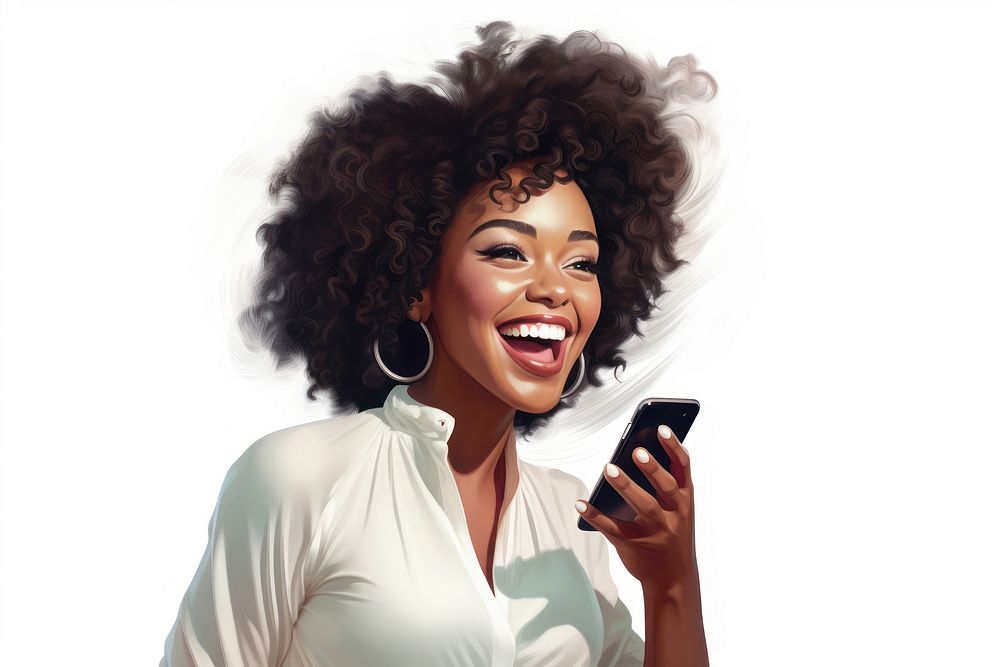 Cheerful black woman using phone laughing smile adult.