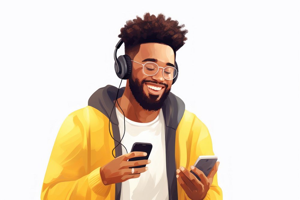 Cheerful black man using phone headphones headset glasses.