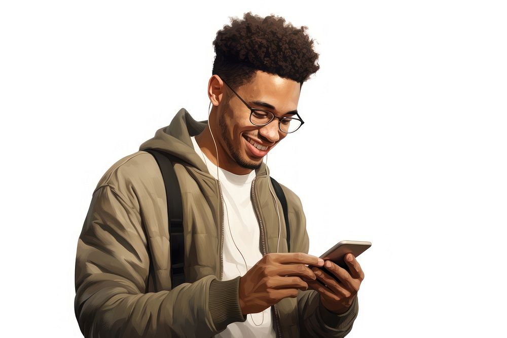 Cheerful black man using phone adult white background portability.