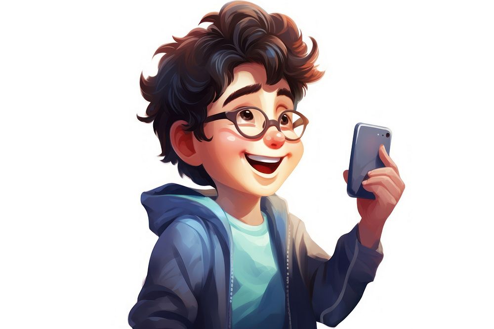 Cheerful kid using phone portrait white background electronics.