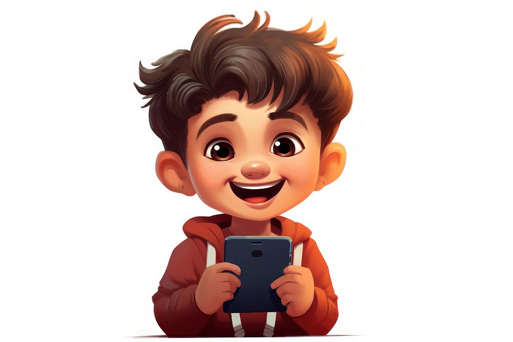 Cheerful kid using phone portrait cartoon white background.