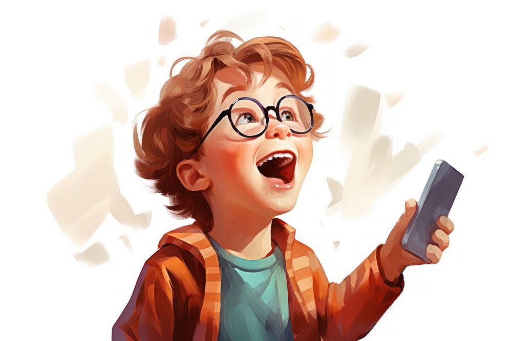 Cheerful kid using phone portrait glasses photography.