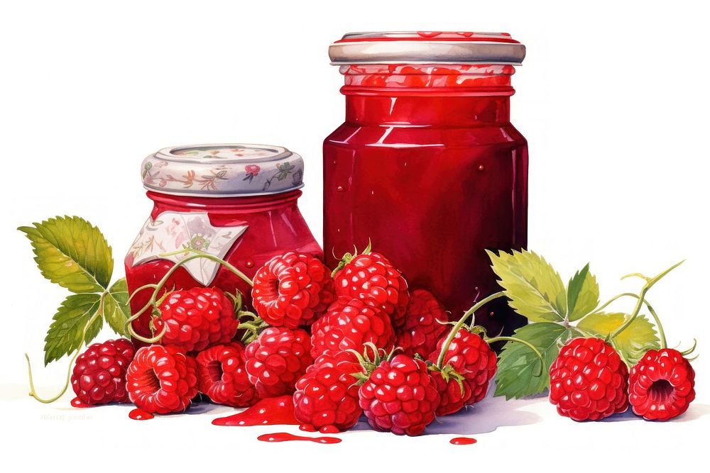 Jam on a white background with a jar raspberry fruit plant.