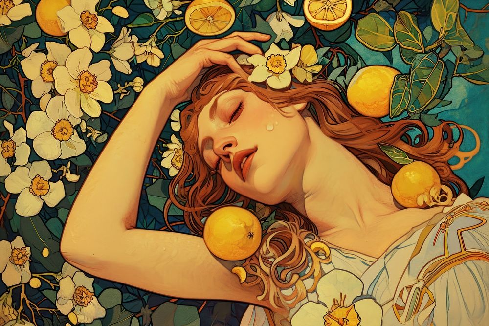 Lemon and flowers art illustrated painting.
