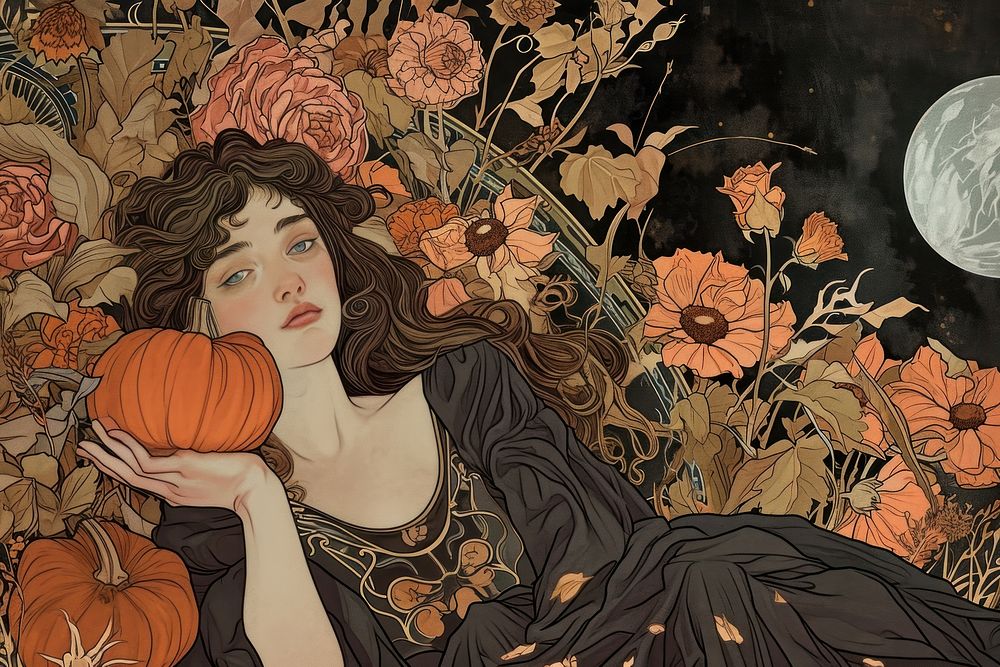 Pumpkin and flowers art illustrated painting.