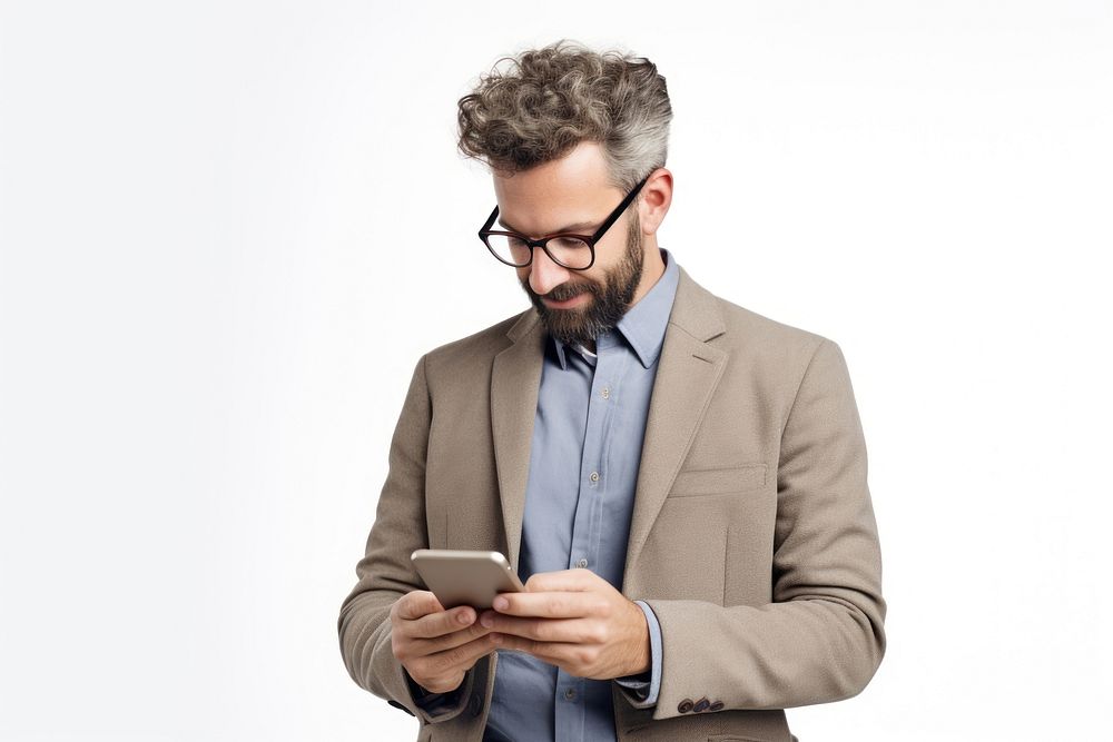 Man using phone computer portrait reading.