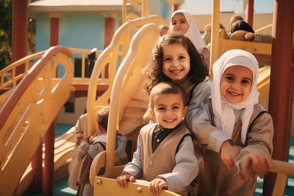 Middle eastern kindergarten playground outdoors family.