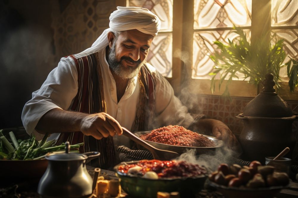 Middle eastern people cooking adult food.