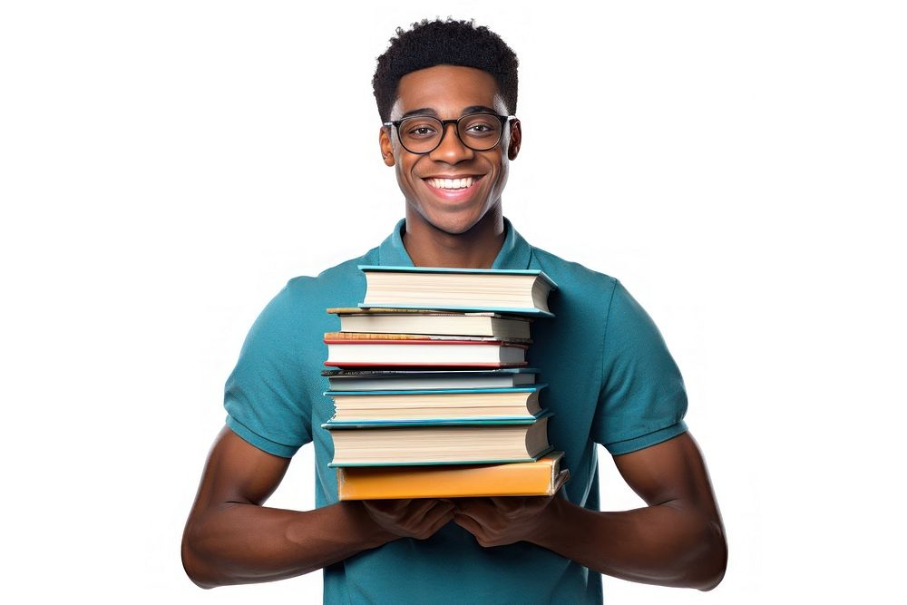 College student holding stack of books publication glasses reading. AI generated Image by rawpixel.