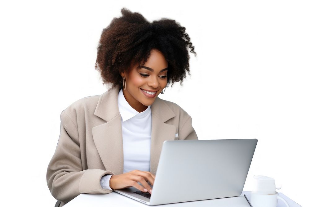 Woman using laptop computer adult white background. AI generated Image by rawpixel.