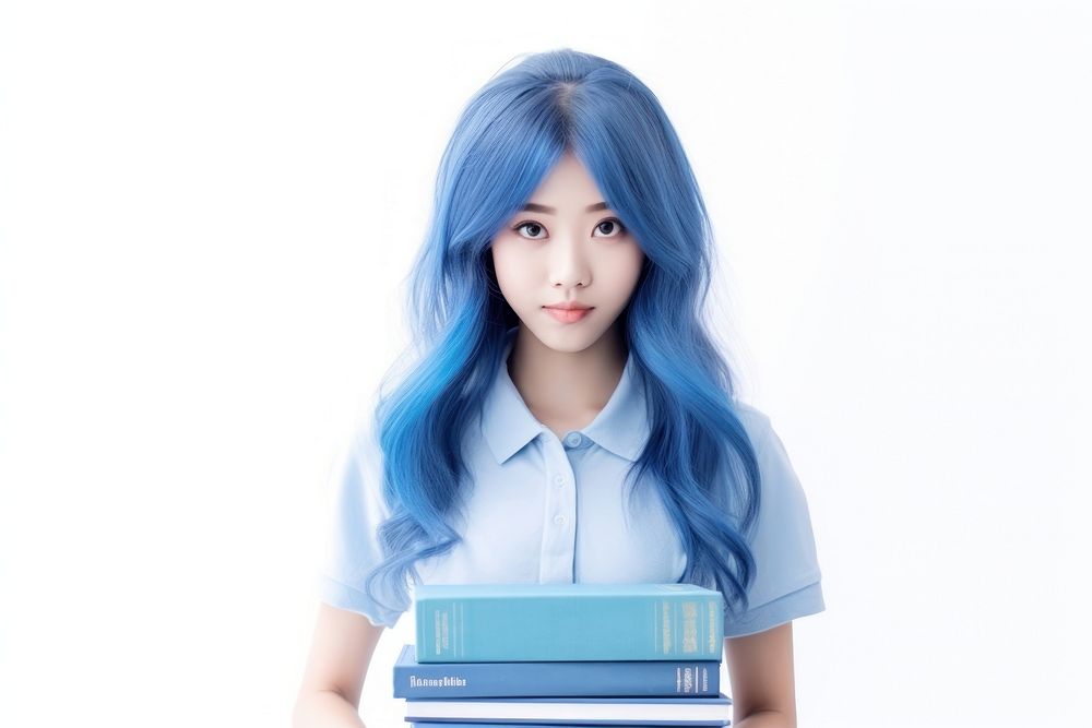 College student holding books portrait photo blue. AI generated Image by rawpixel.