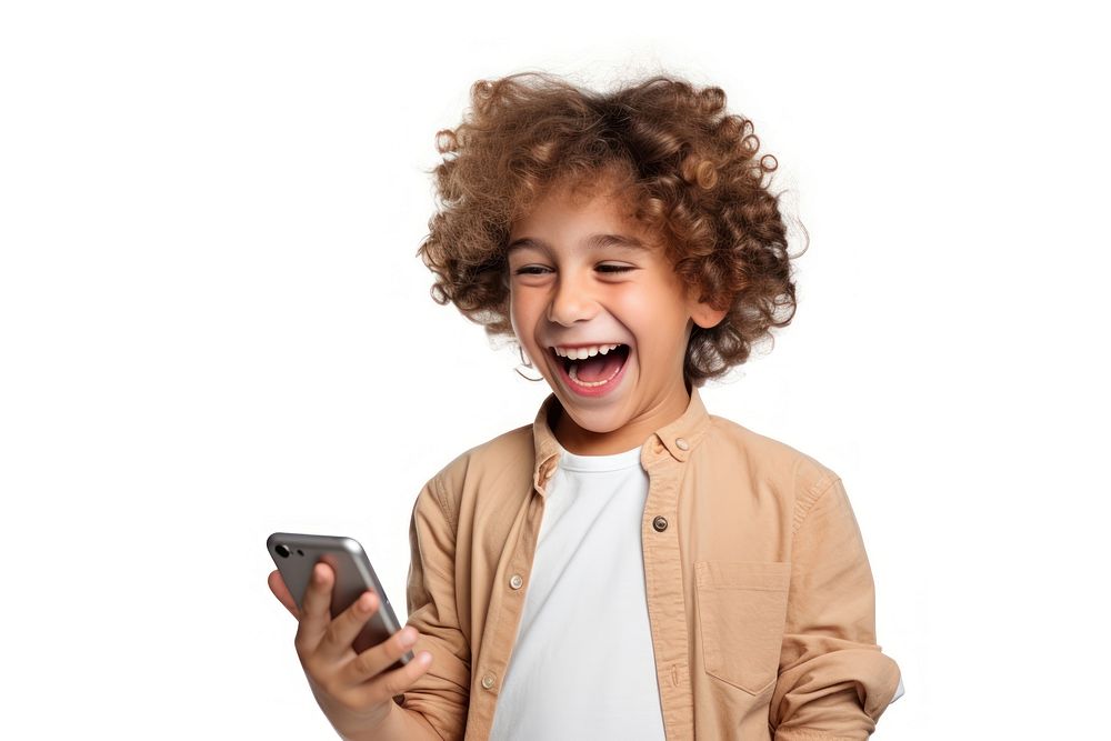 Cheerful kid using phone laughing adult white background.