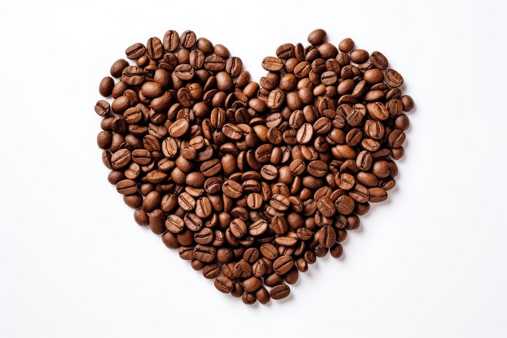 Coffee beans in heart shape white background cappuccino freshness.