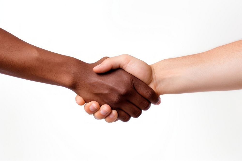 Handshake white background togetherness agreement.