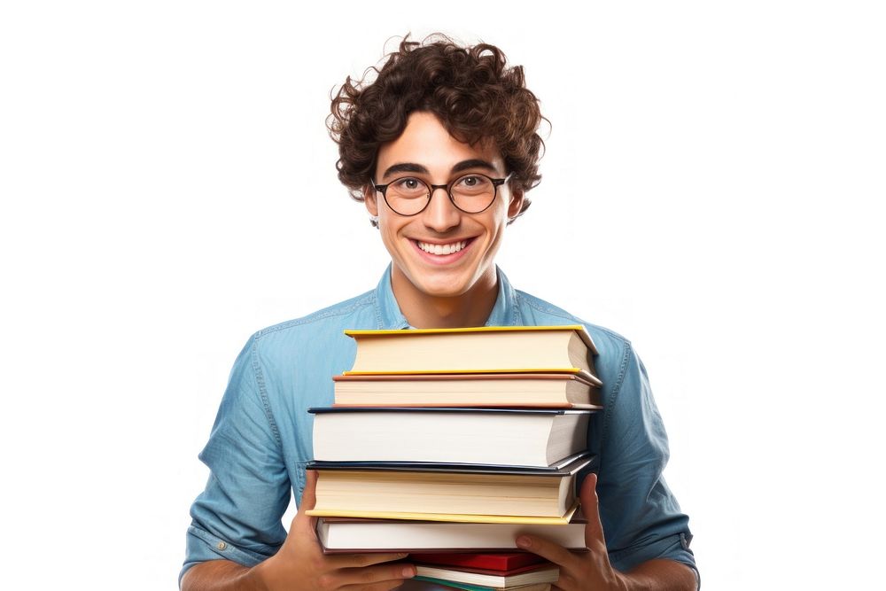 College student holding stack of books glasses reading smile. AI generated Image by rawpixel.