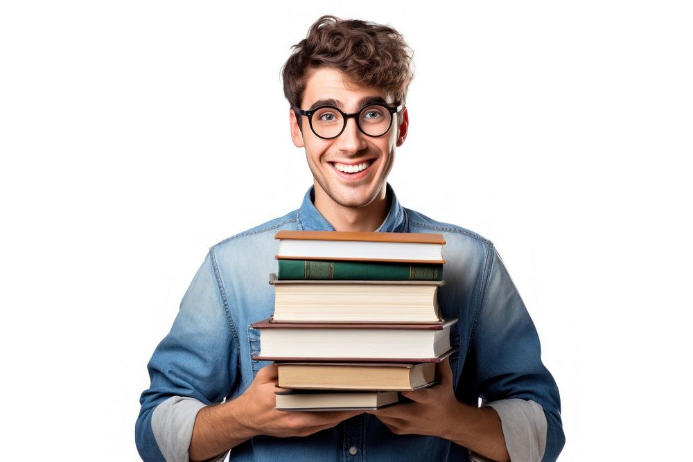 College student holding stack of books publication glasses reading. AI generated Image by rawpixel.