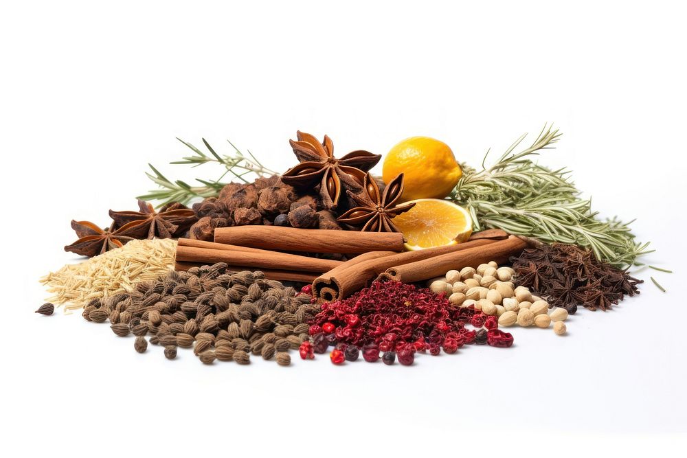 Immunity booster herbs spice food white background.