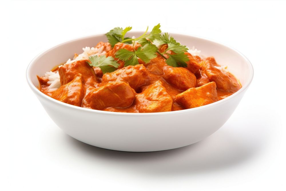 Indian butter chicken curry food white background vegetable.