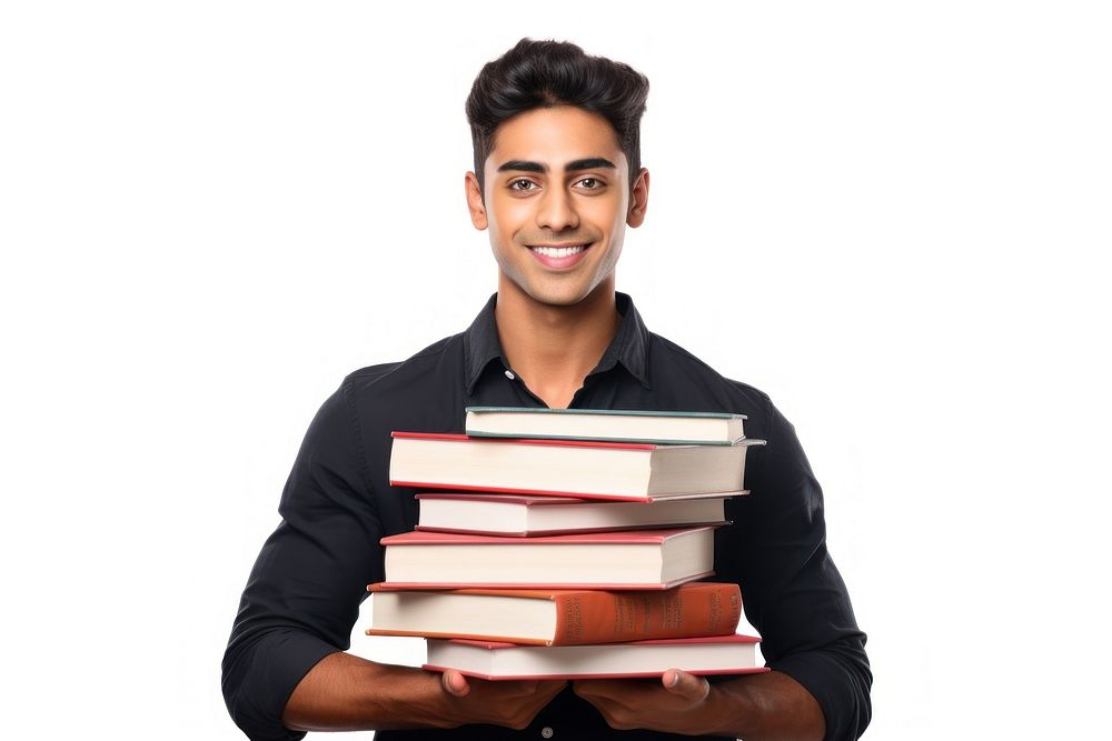 College student holding stack of books portrait reading adult. 