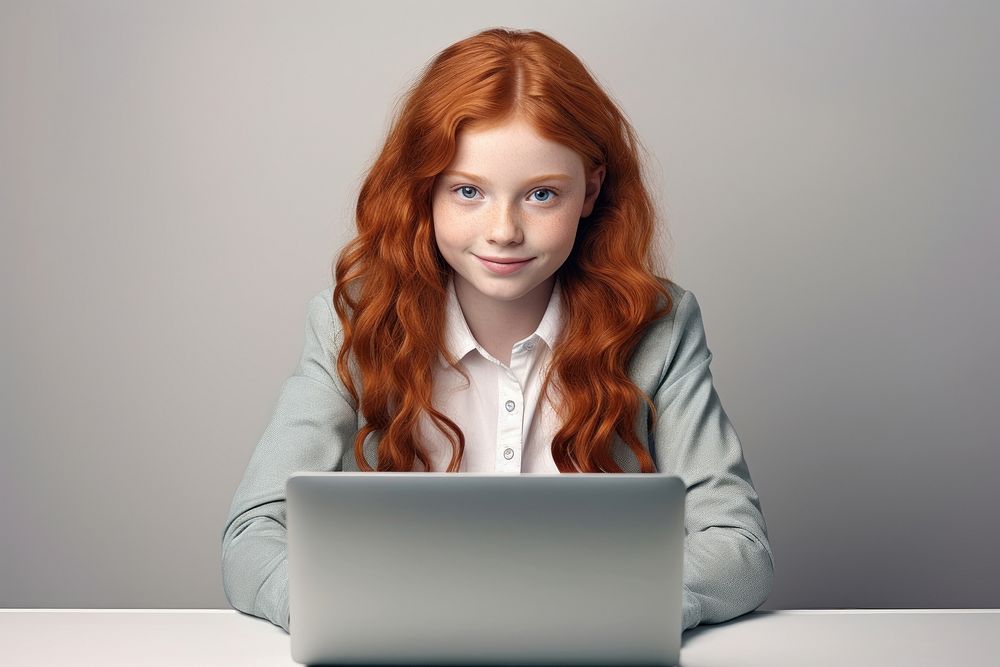 Young girl using laptop computer portrait photo. AI generated Image by rawpixel.