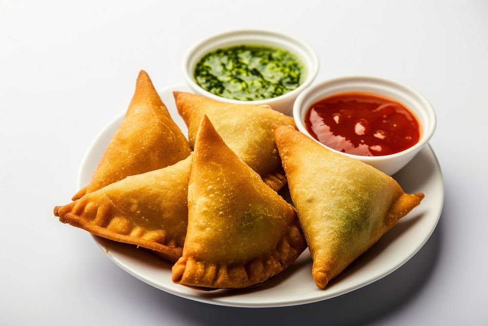 Samosa snack served with tomato ketchup and mint chutney food appetizer condiment.