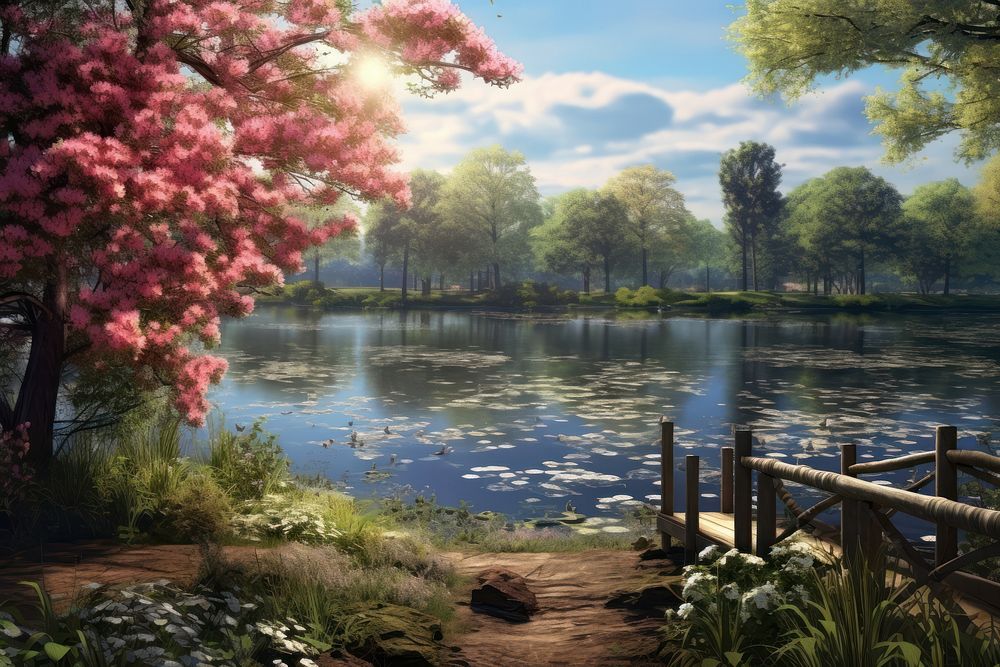 Spring lake landscape outdoors blossom.