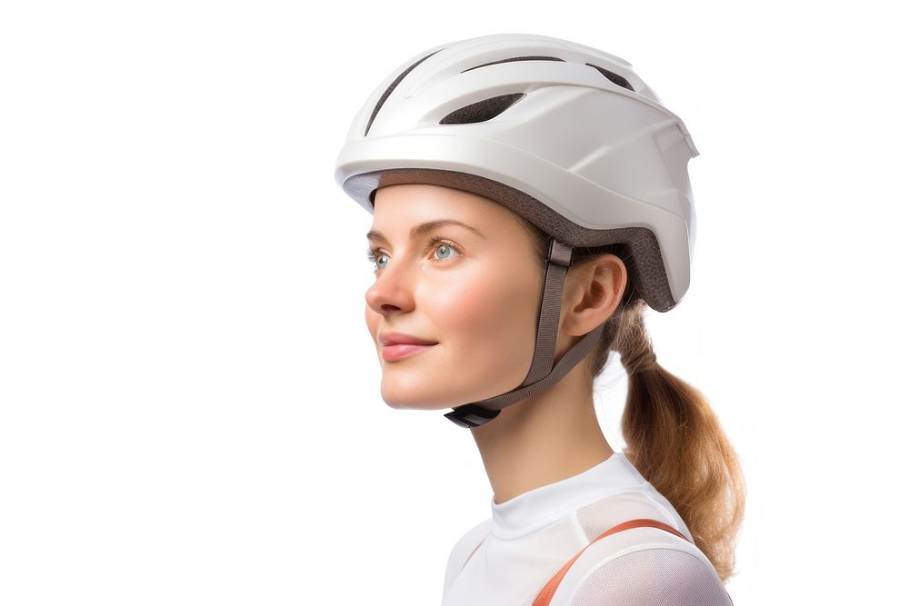Woman in bicycle helmet adult white background exercising.
