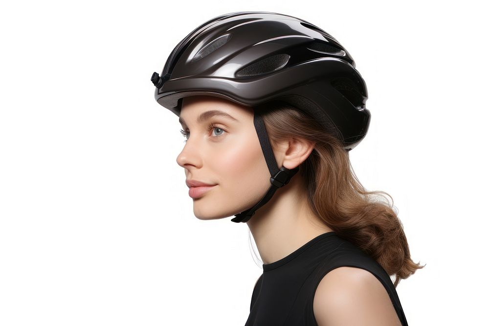 Woman in bicycle helmet adult white background protection.