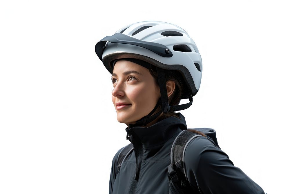Woman in bicycle helmet adult white background exercising.
