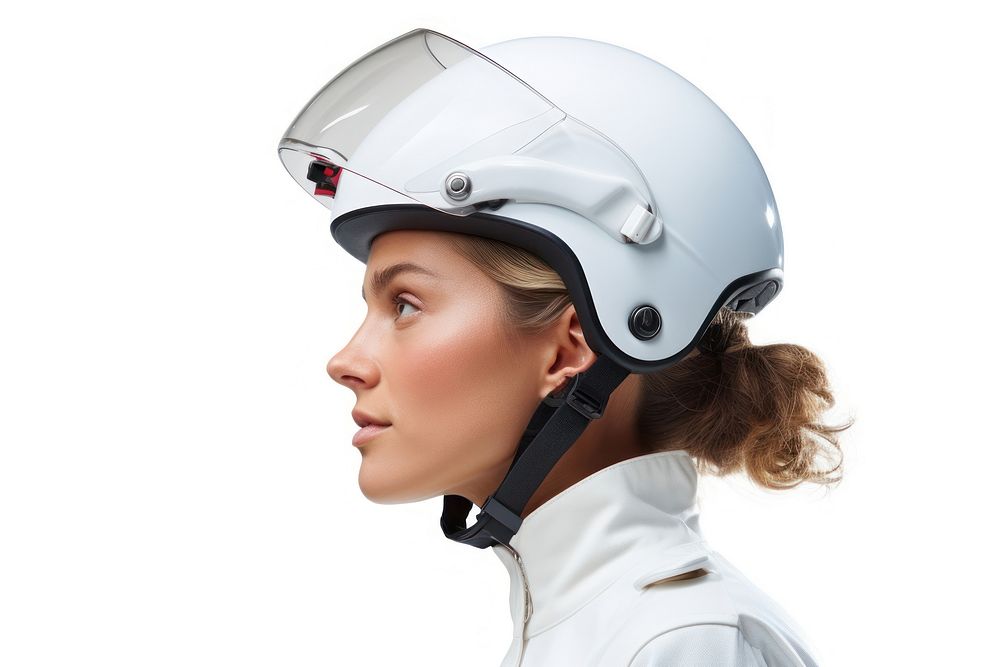 Woman in bike helmet adult white background headphones.