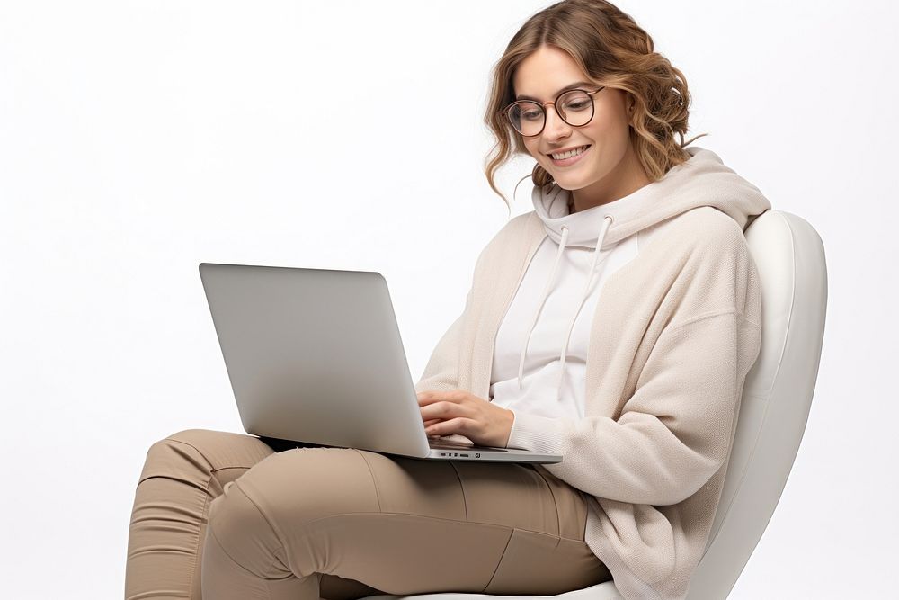 Woman using laptop computer glasses sitting. AI generated Image by rawpixel.