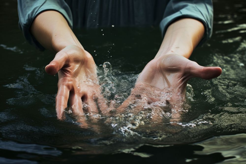 Women hands finger river reflection.