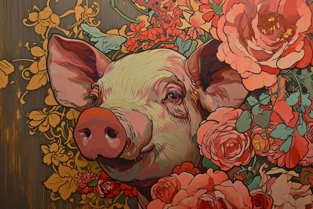 Pig and flowers art painting blossom.