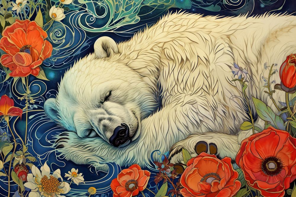 Polar bear and flowers art polar bear painting.