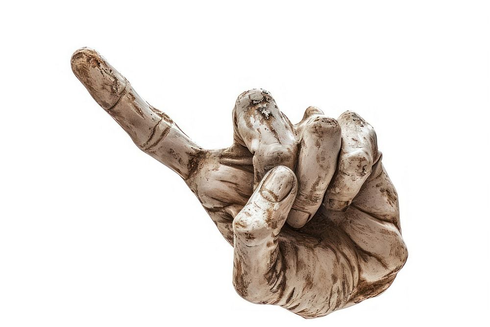 Rock heavy element human hand shape finger white background sculpture.